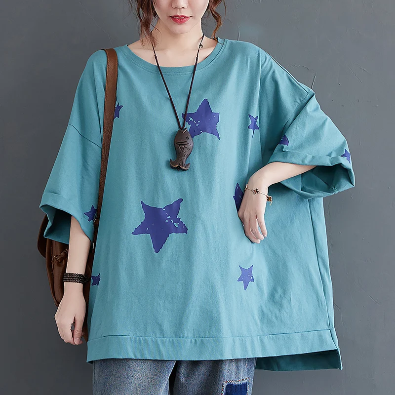 

Loose Vintage Printed Star Women T-Shirts Summer 2024 O-Neck Cotton Short-Sleeved Casual Female Pulls Tops Tees