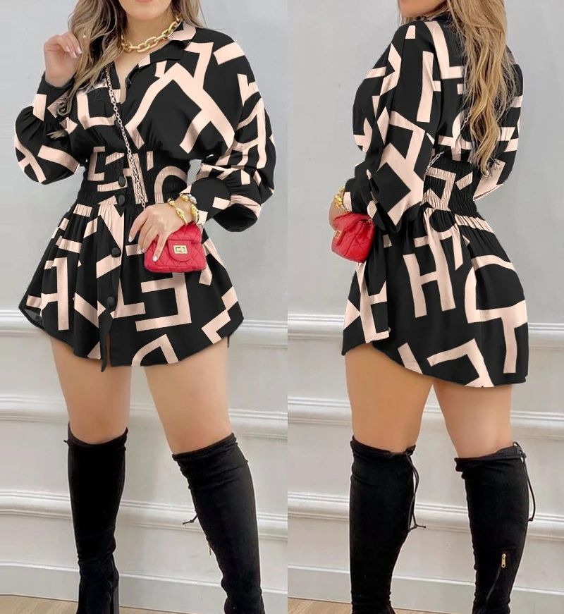 

Womens Dresses 2024 Summer New Fashion Elegant Temperament Commuter Print Lantern Sleeves Pleated Long Sleeved Shirt Dress