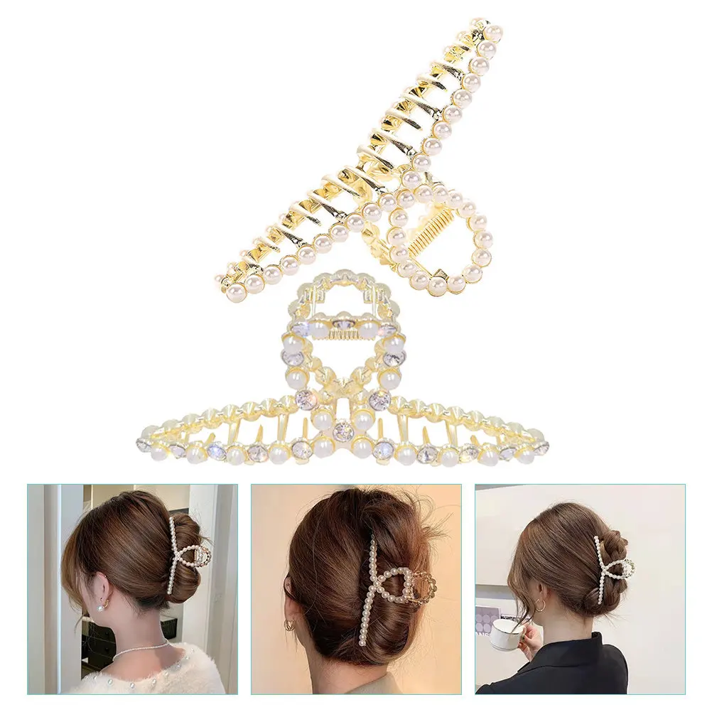 2Pcs Pearl Hair Claw Clips Women Alloy Hair Barrettes Graceful Styling Accessories for Daily Office Outdoor Holiday Photo Events