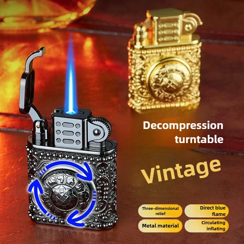 Creative Decompression Turntable Red Flame Windproof Lighter Press Straight 3D Relief Cigarette Lighter Men's Gift Wholesale - Image 2