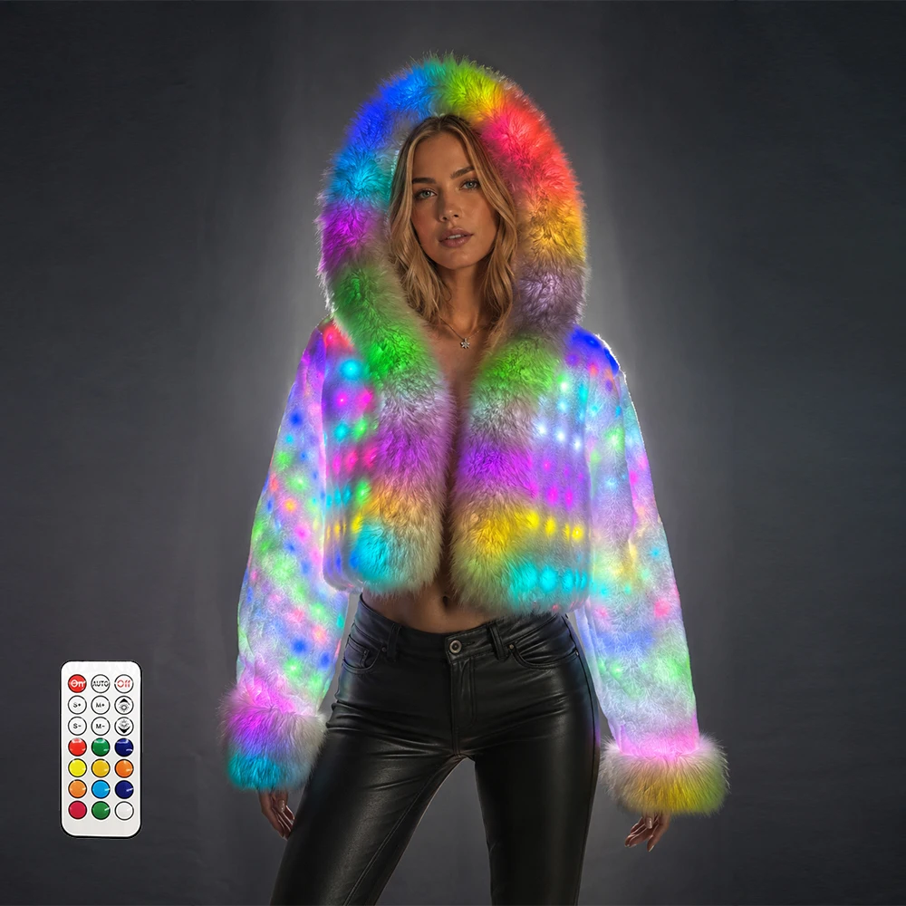 

Fluffy Faux Fur LED Light Up Jacket Women's Colorful Glowing Hooded Coat for EDM Festival Party Wear