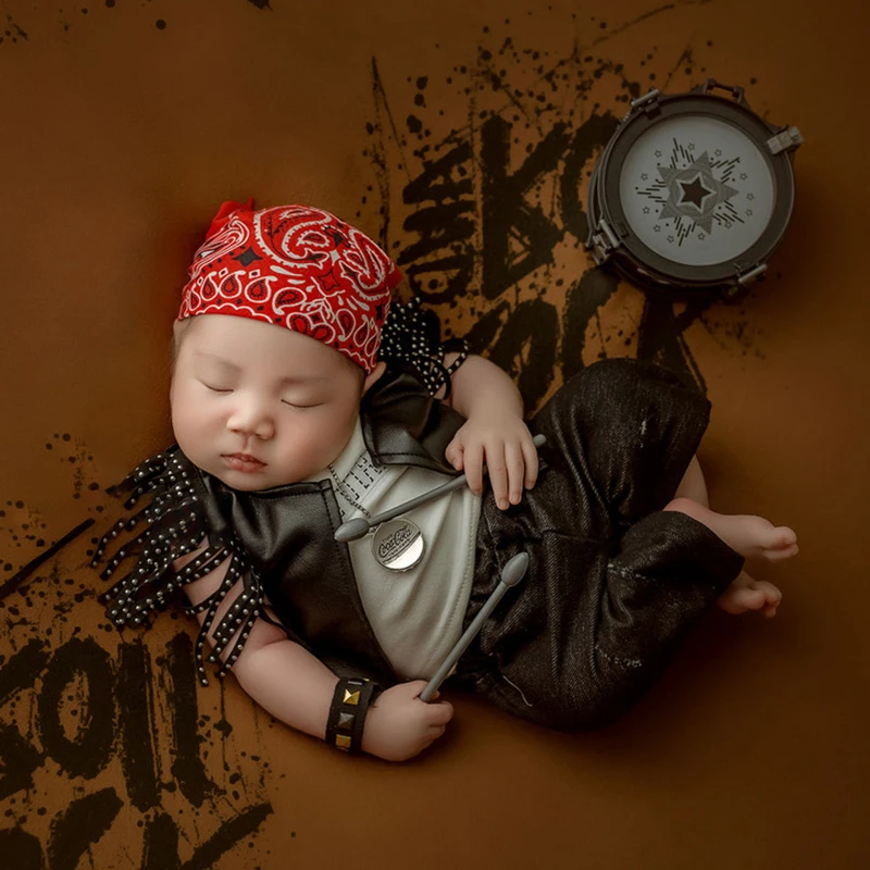 Pasgeboren Rock Band Fotografie Outfits Cool Drumleer Kleding Thema Set Rekwisieten Studio Schieten Foto Accessoires