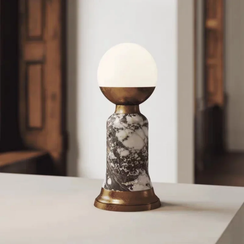 Modern Natural Marble Table Lamp with Opal Glass Globe Shade, Antique Brass Base Bedside Night Light for Bedroom Decor