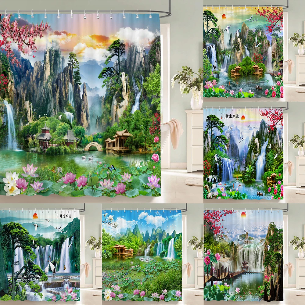 

Chinese style Natural Waterfall landscape Shower Curtains Bathroom Curtain Waterproof Polyester Horse Bath Curtain with Hooks