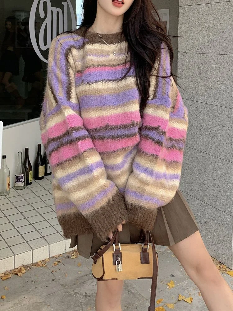 سترة مخططة الخريف الشتاء الملونة فضفاضة لينة س الرقبة البلوز النسخة الكورية تنوعا طويلة الأكمام تريكو للنساء