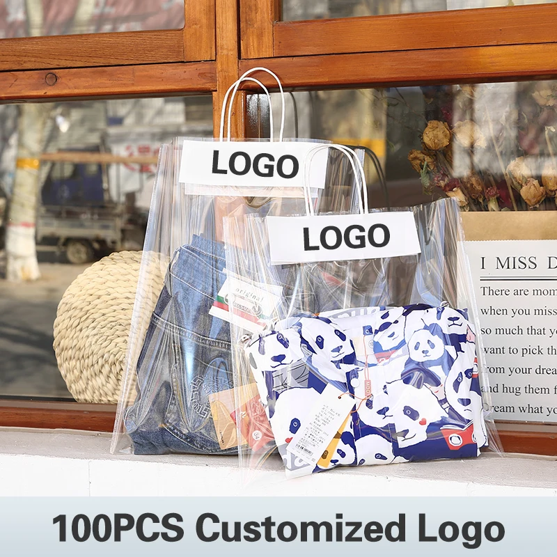 

100Pcs/lot Customized Logo Transparent OPP Bag with Handle Cellophane Clothing Bag Packing Gift Bags For Wedding Wigs Packaging