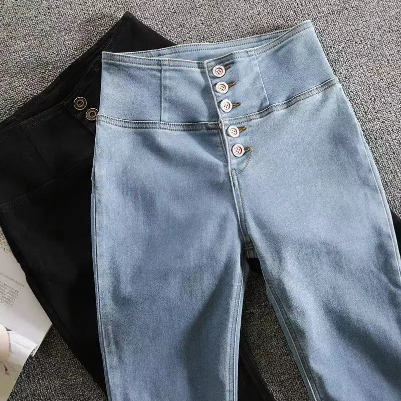 Calça jeans azul de cintura alta feminina com botões, streetwear magro, calça lápis sexy, leggings finas, roupas Y2K, calças de moletom, novo