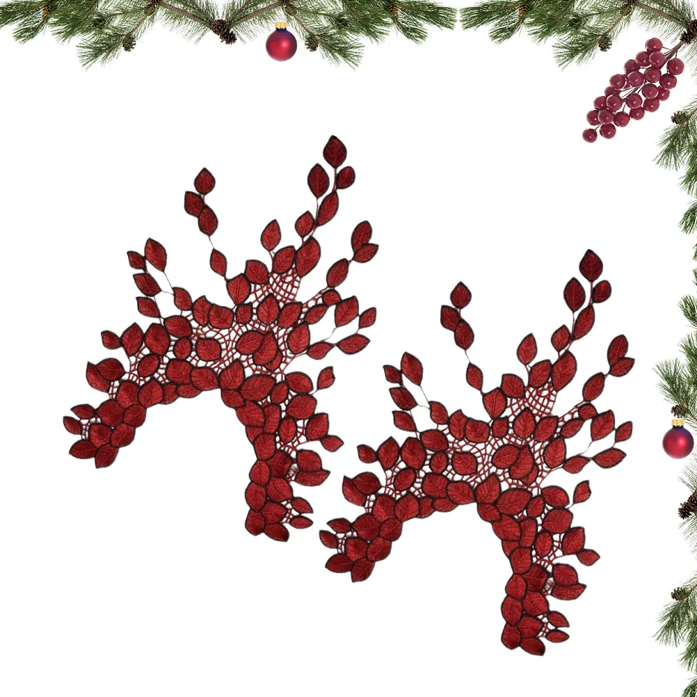 Patchs de collier brodés en Nylon Soluble dans l'eau, 2 pièces, en forme de feuilles, motif creux rouge foncé, accessoires pour vêtements pour femmes