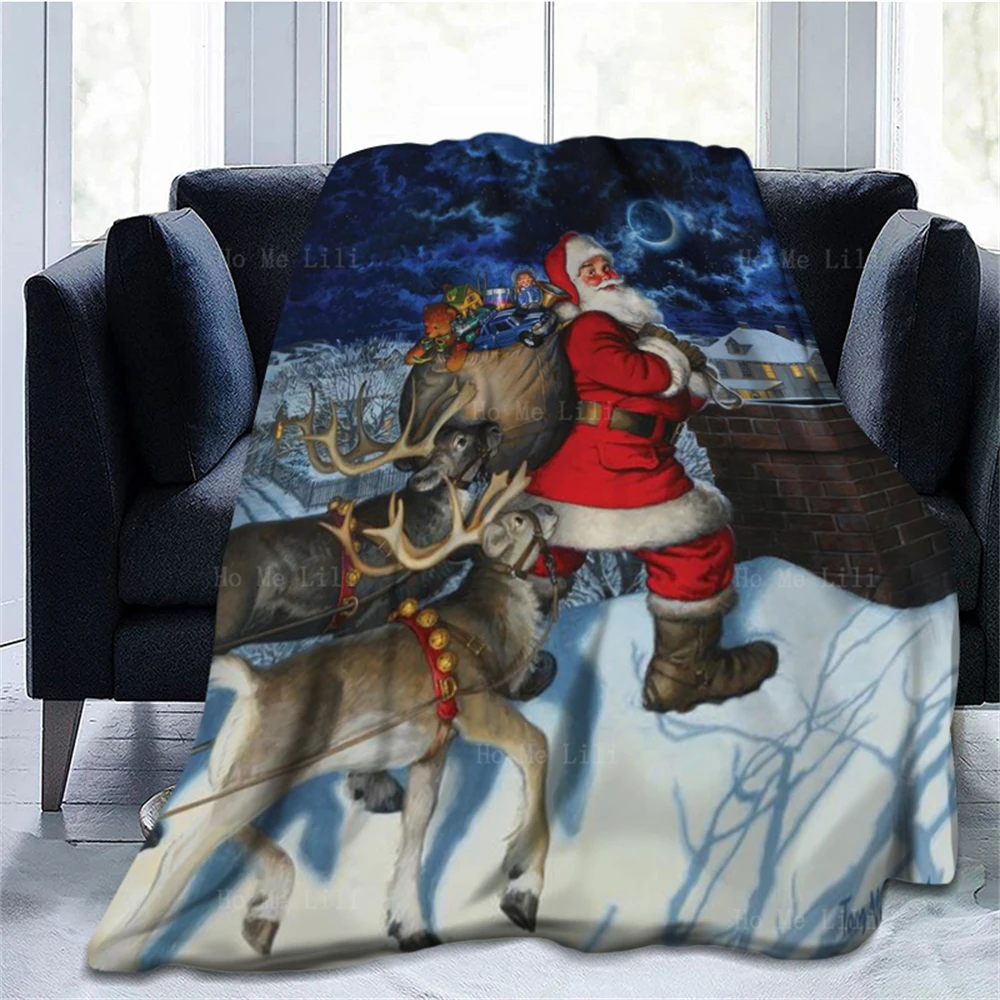 Christmastime Is Here Chimney Moonlight Santa With Sledge Reindeer Claus Carries Presents Soft Cozy Flannel Blanket