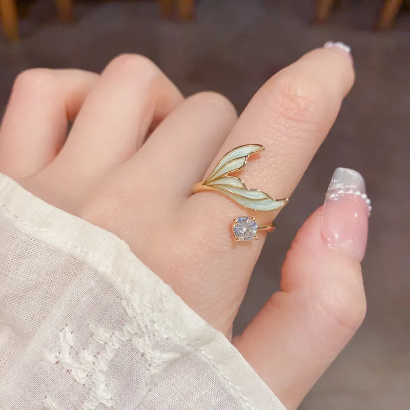 Summer Ocean Zircon Dropped Glazed Fish Tail Adjustable Ring For Women Cute Fine Jewelry Niche Design Animal Accessories