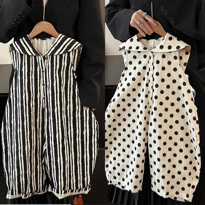 2025 New Summer Children's Rompers for Boys and Girls Sailor Collar Pants Girls' Stylish Contrast Striped Jumpsuit Kids Clothing