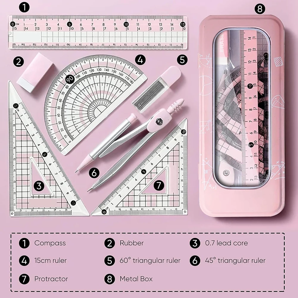 8PCS Maths Set Geometry Set For Secondary School Protractor-Compass Set Prevent Myopia Clear Dual Color For Students Supplies