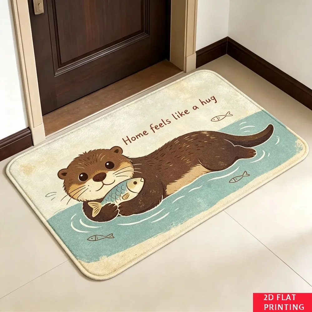 Otter Hug Fish Text Door Mat Cream Blue Water Background Cute Animal Print Non Slip Soft Carpet For Cozy Home Entryway Bathroom