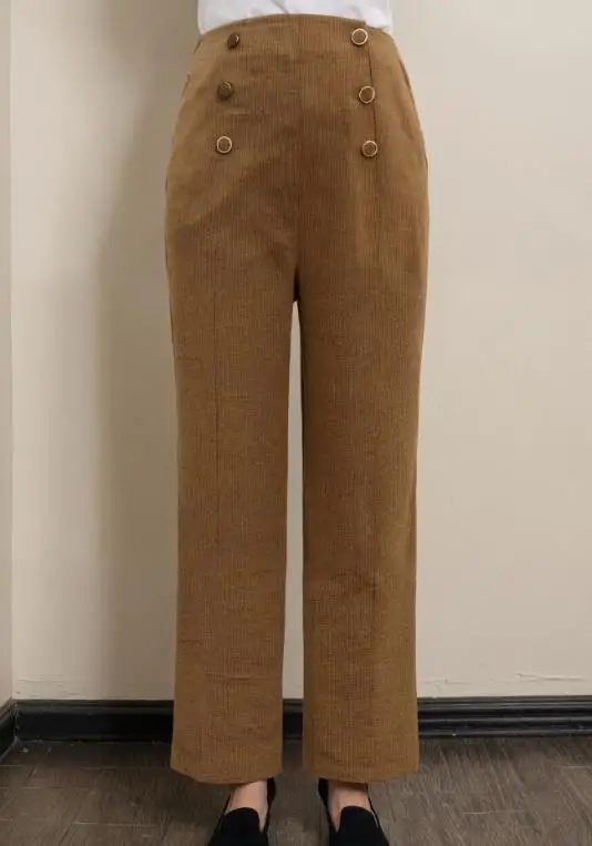 

2026 New Elegant Solid Color Corduroy High Waist Wide Leg Casual Pants for Women with Pit Strips Button Fit Straight Leg Pants