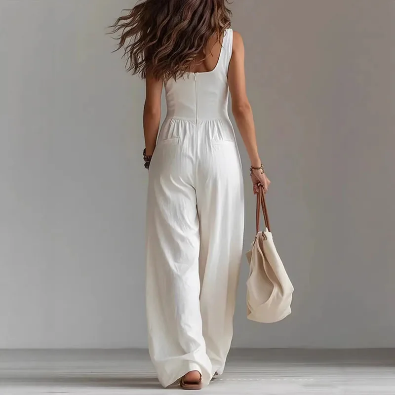 

Sexy V Neck Button Wide Leg Jumpsuit Elegant Solid High Waist Woman Romper 2026 Spring Summer Sleeveless Vacation Beach Overalls