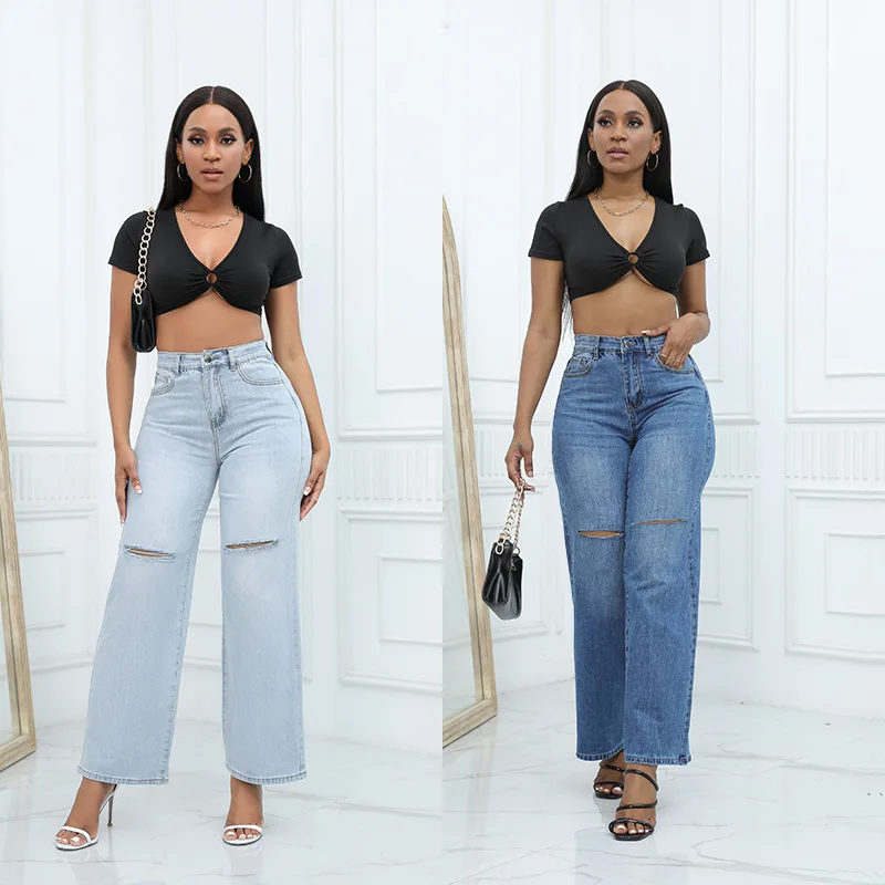 

2023 DignBio New High Waisted Jeans Women Temperament Hole Slight Strecth Wide-leg Female Denim Pants