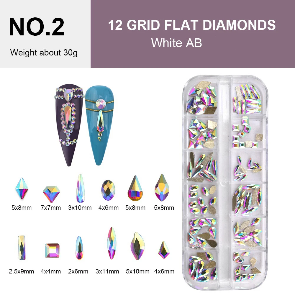 

Glitter White AB Crystal 12 Grids Nail Rhinestones Mix Shapes Nail Art Accessories Diy Decorations Nail Charms Free Shipping