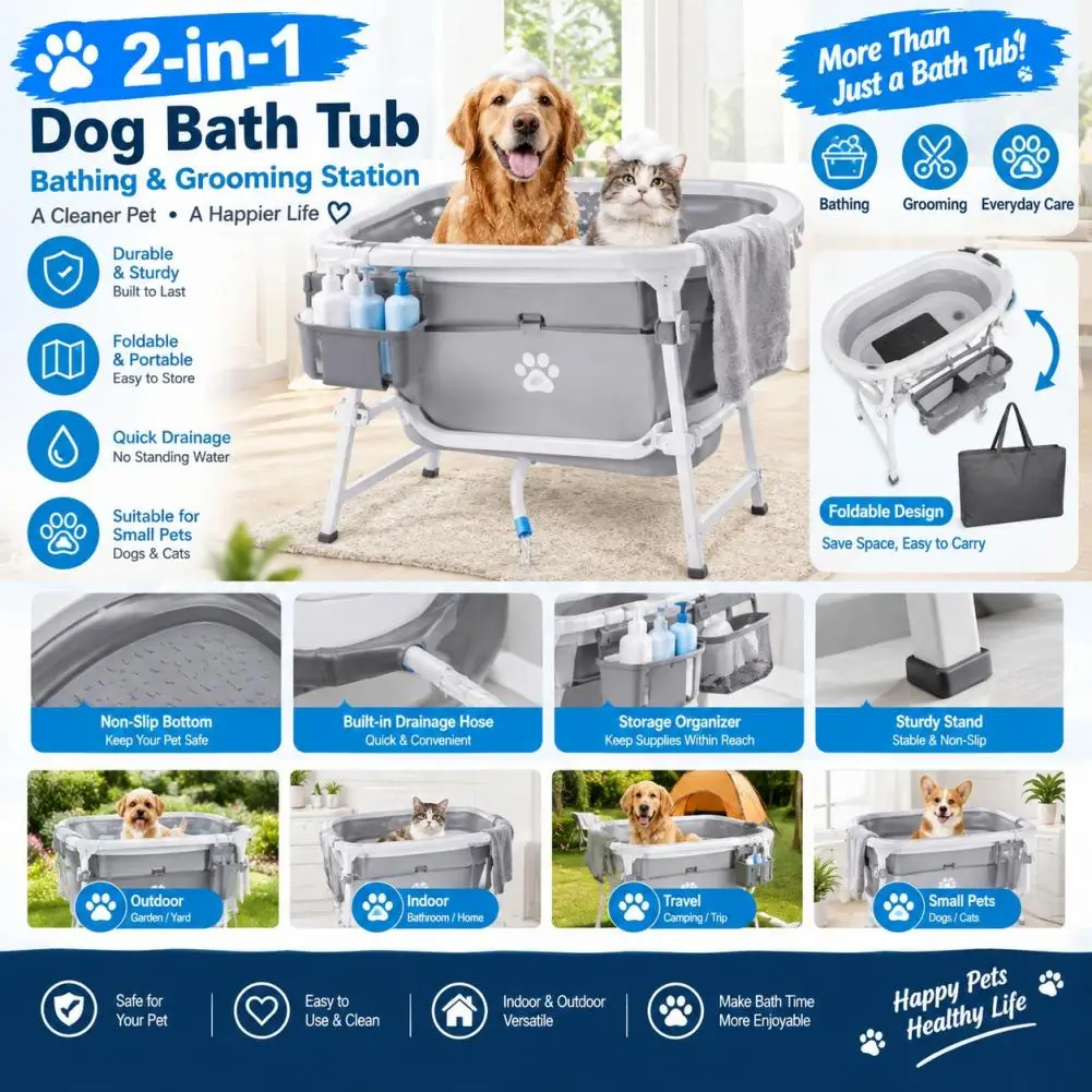 2 in 1 Dog Bath Tub with Stand Dog Washing Station for Bathing and Grooming Collapsible Foldable Portable Shower Bathtub for Sma