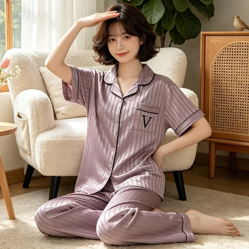  Noble and Luxurious Letter V Summer Women's Sleepwear Striped Ice Silk Cool Short Sleeved Pants Home Suit Set Ladies Nightwear
