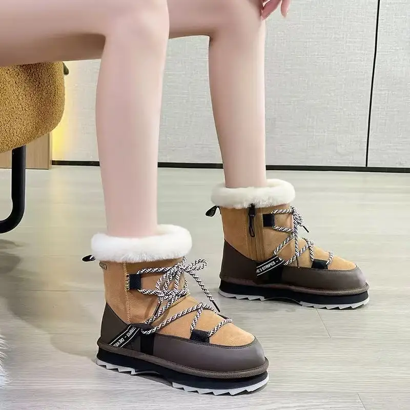 Cowhide and Wool Thick Soled Boots Women Waterproof and Anti Slip Snow Boots Winter Thick Soled and Raised Wool Short Boots