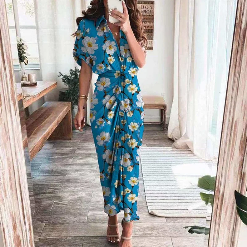 

2024 women's summer new short-sleeved temperament commuter high-waisted printed long dress