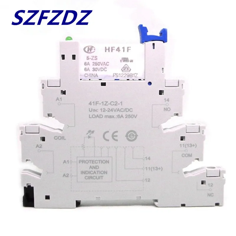 10Pcs 41F-1Z-C2-1 HF41F 5-ZS 12-ZS 24-ZS 5V 12V 24V 230V 6A 1CO Slim/SSR Relay Mount On Screw Socket with LED Wafer relay