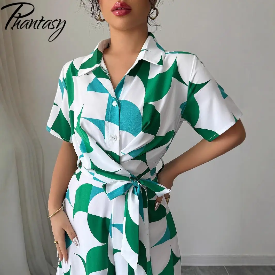 Fantasma elegante manga curta turn-down colarinho topos casual impressão de manga curta cintura alta perna larga macacão calças 2025 verão
