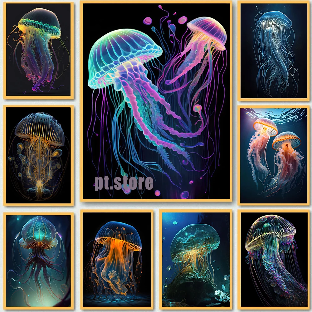 

Ocean Underwater Animals Psychedelic Watercolor Jellyfish Canvas Painting Art Poster Space Jellyfish Living Room Decor Pictures