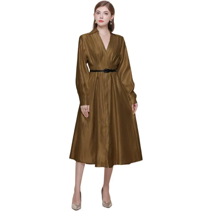 Ele Silk Satin Long Sve V-Ne Dr Schlankheits-Taille, hohe Taille, luxuriöser SLE-Strickrock aus Polyesterstoff in A-Linie für...