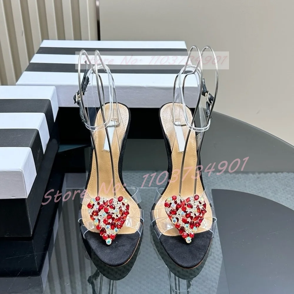 Heart Crystals Ankle Strap Rose Pink Sandały damskie Sweet Party Clear Round Toe High Heels Shoes Kobiece eleganckie sandały ślubne