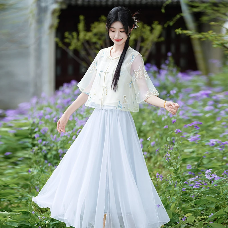 

New 2026 Chinese Style Embroidered Top with Heavy Work Seven Sleeve Half Skirt in Chiffon Fashionable Traditional Clothing