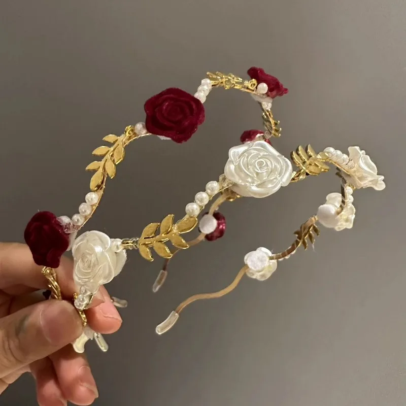 Elegant Velvet Rose Headband Hair Accessories Headdress Girls Vintage Metal Flower Pearl Red White Rose Tiara Hairbands