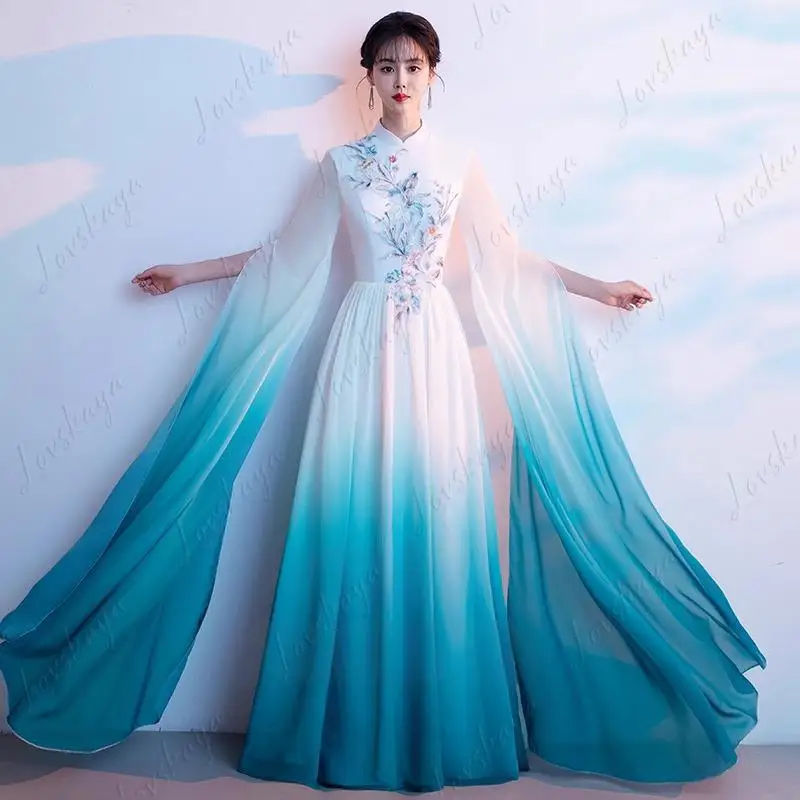 

Chinese Style Long Dress Elegant Stage Costume for Piano Guzheng Performance & Adult Chorus Show