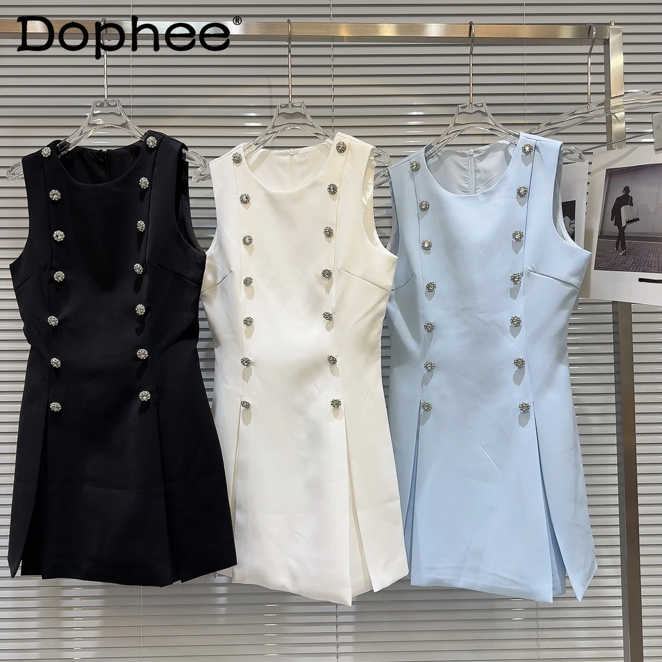 

Double Row Rhinestone Buckle Fashion Sleeveless Dress 2024 Summer New Commute Style Round Neck Short A Line Dress for Women