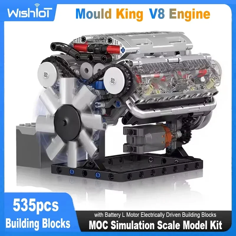 Mould King V8 Engine MOC Simulation Scale Model Kit with Battery and L Motor Electrically Driven Building Blocks Car Toy Gift