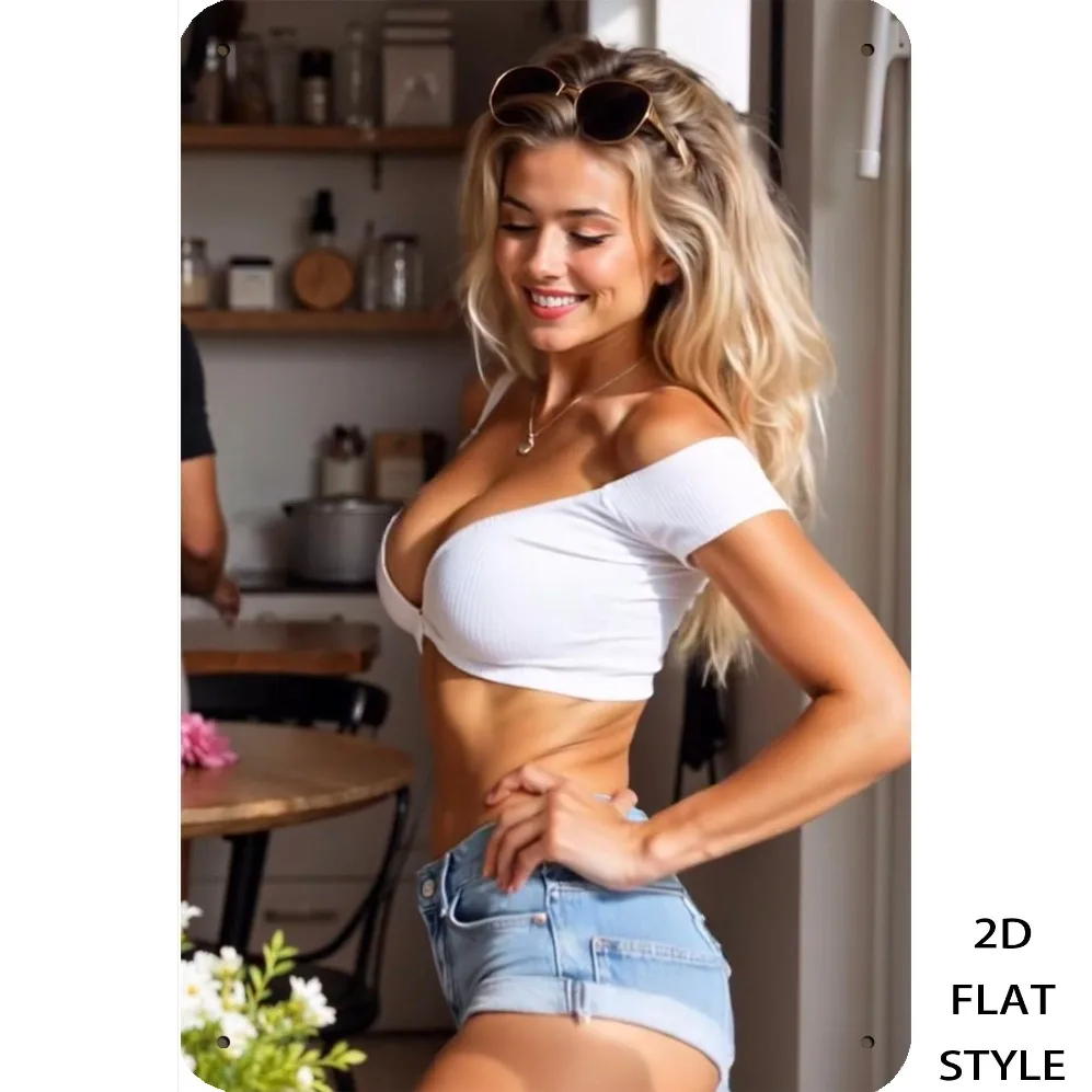 Vintage 2D Metal Wall Art Sign - White Shorts Blonde Girl - 8x12 Inch Retro Home Decor for Halloween Christmas Bedroom Bar Gift