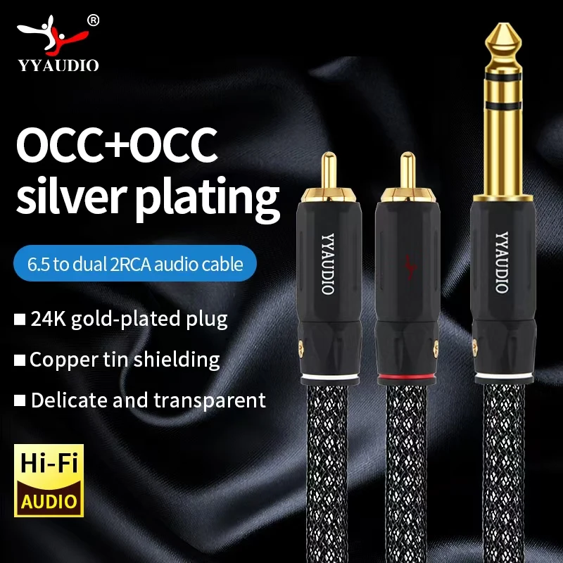 6.5mm to 2RCA Audio Cable HiFi OCC Silver Plating 6.5 Jack to 2RCA Male Cable Gold Plated Plug for Audio Amplifier RCA Cable