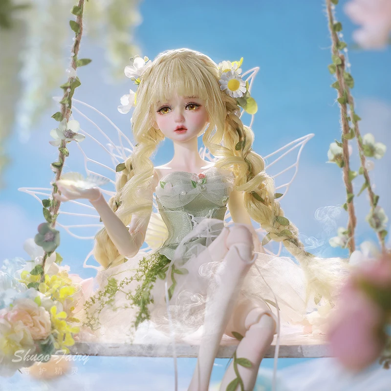 BJD 인형 1/4 펄 D 풀세트 (날개 포함) 플로럴 요정 디자인 풍만한 몸매 코티지코어 정원 의상 이상적인 수집가 선물 슈가파
