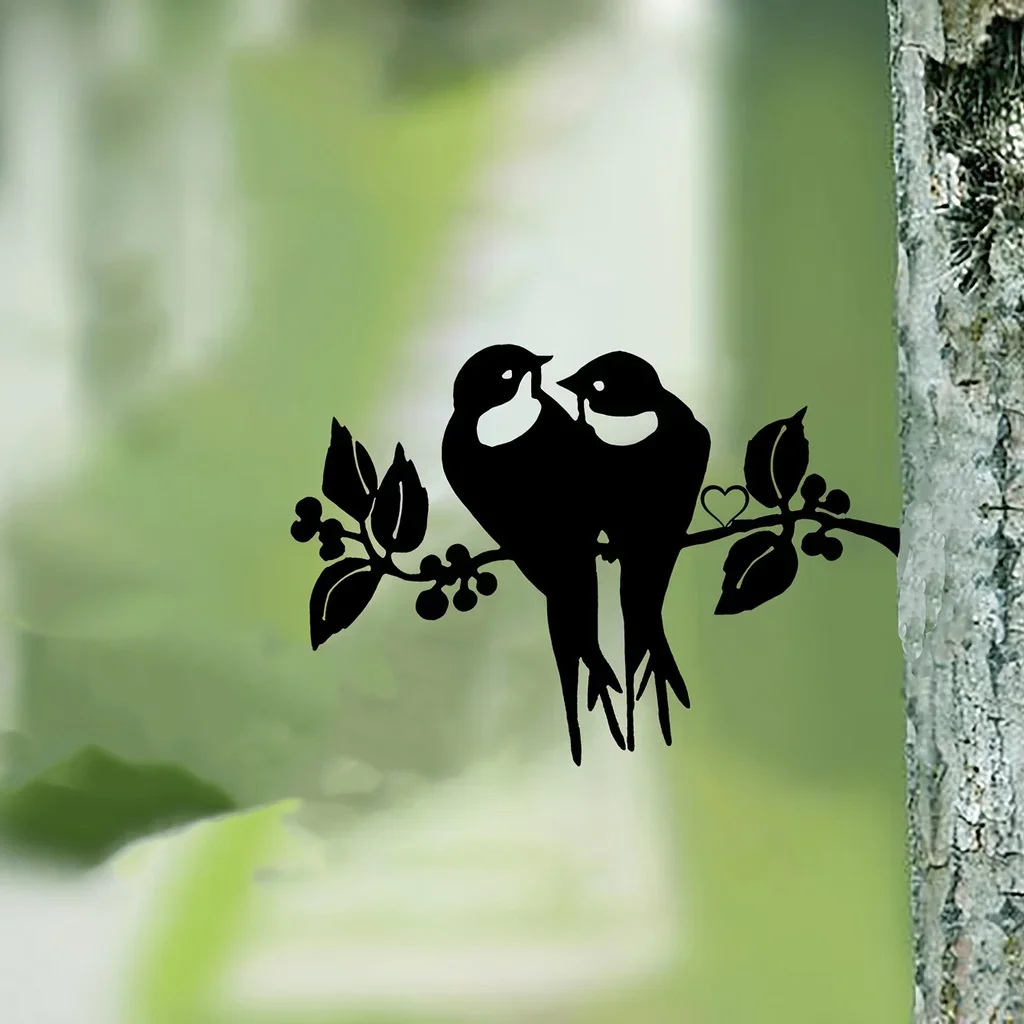 HelloYoung Two Cute Birds On Branch Steel Silhouette Metal Wall Art Home Garden Yard Patio Statue Stake Decoration Perfect