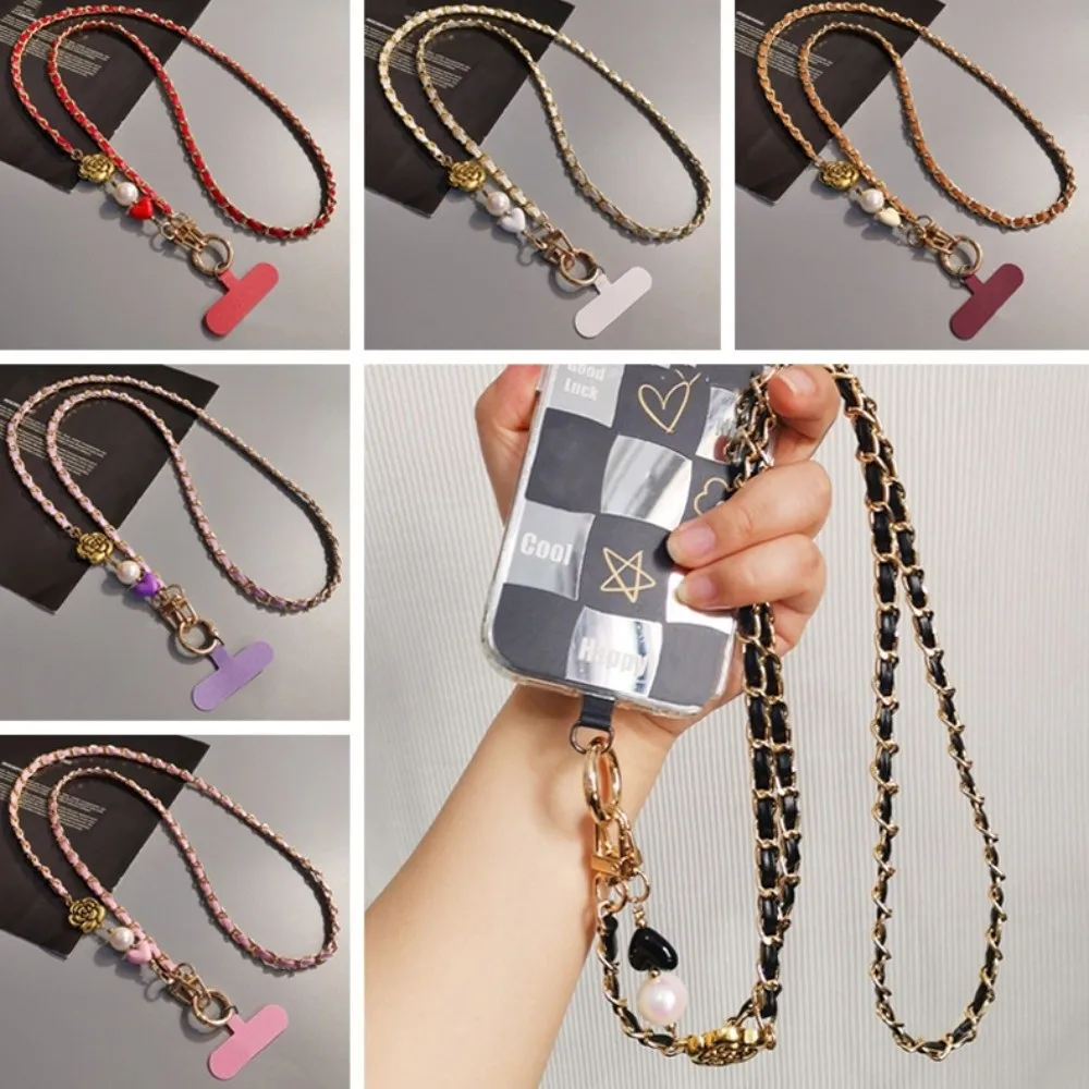

Pearl Mobile Phone Diagonal Lanyard Metal Chain Camellia Crossbody Phone Rope Long Fashion Mobile Phone Strap Lanyard Patch