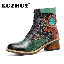 Koznoy Women High Boots Boots 5cm Ethnic Cotton Fabric Autumn Spring Mid Calf Big Size Ankle Appliques Sheepskin Leather Shoes