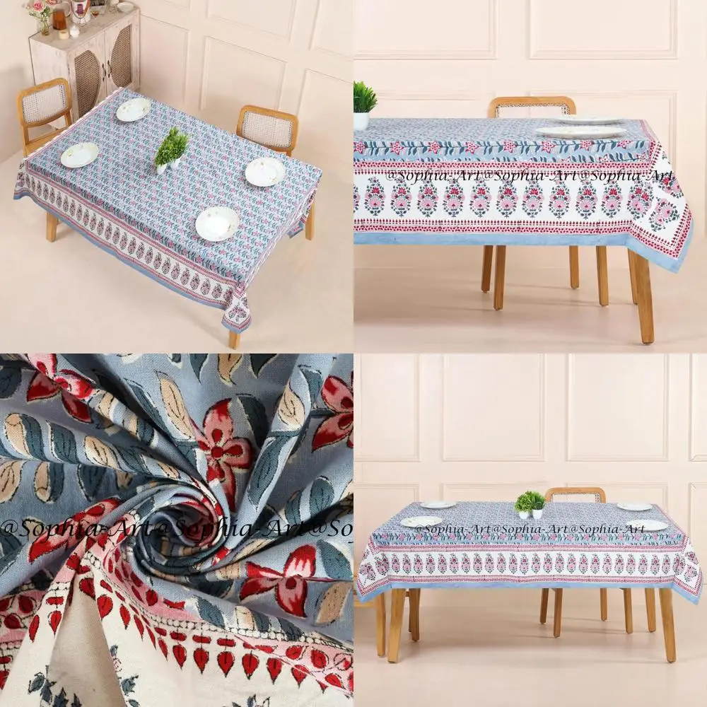 

Rectangular Outdoor Cotton Tablecloth 72x108 Inches, 8 Seater, Hand Block Printed, Suitable for Patio, Camping, Holiday Party, W