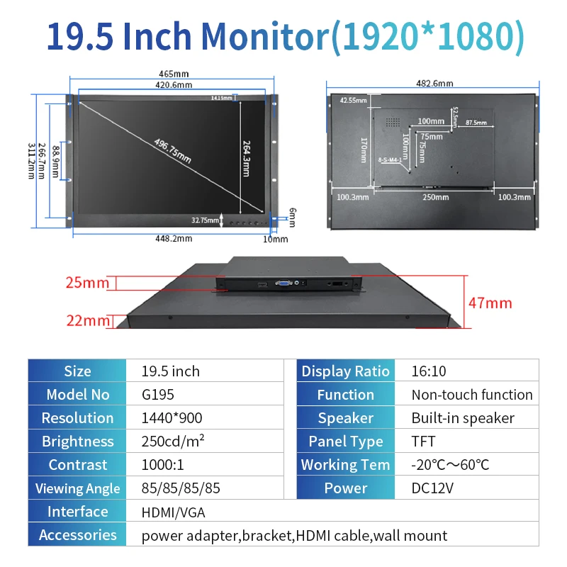 Imagem -02 - Zhixianda-monitor de Frame Aberto 19.5 Widescreen 1440x900 Grau Industrial Display Lcd Hdmi Interface Vga