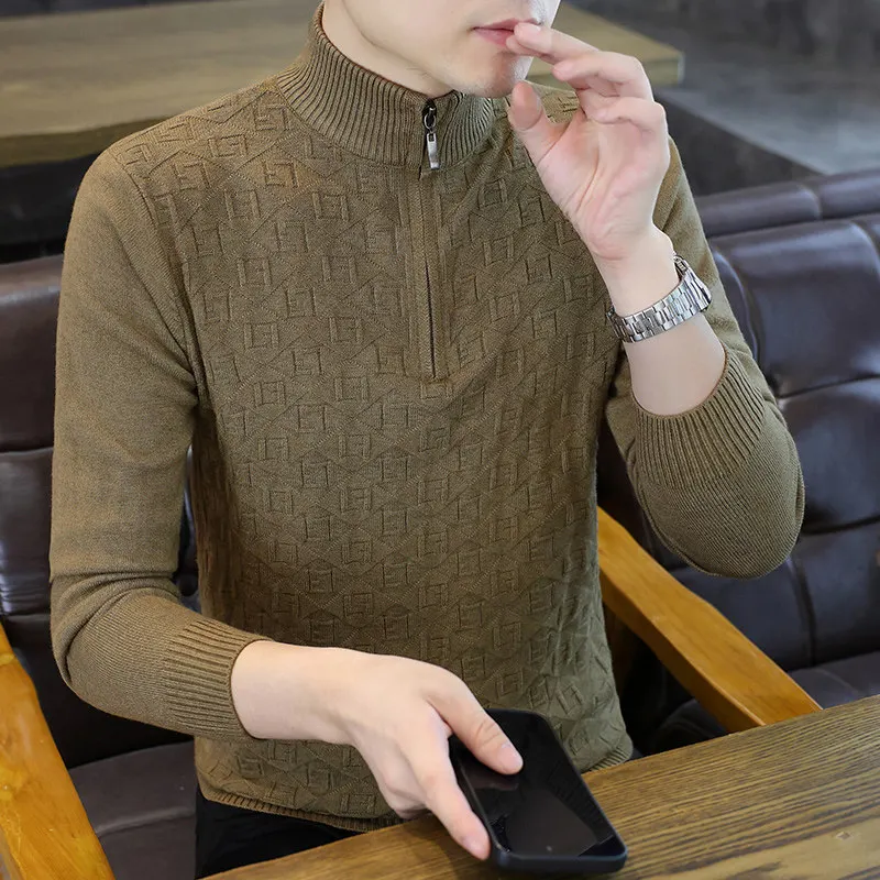 

Spring Autumn Thin f Zipper Knitted Sweater Men's Base irt Knitwear Plaid Embroidery Slim Fit Woolen irt Casual Sle