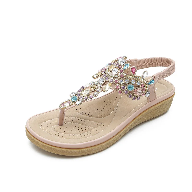 Plus Size 36-41 Shoes for Women Summer New Round Toe Flip Flops Fashion Rhinestone Ladies Sandals Roman Crystal Platform Elastic