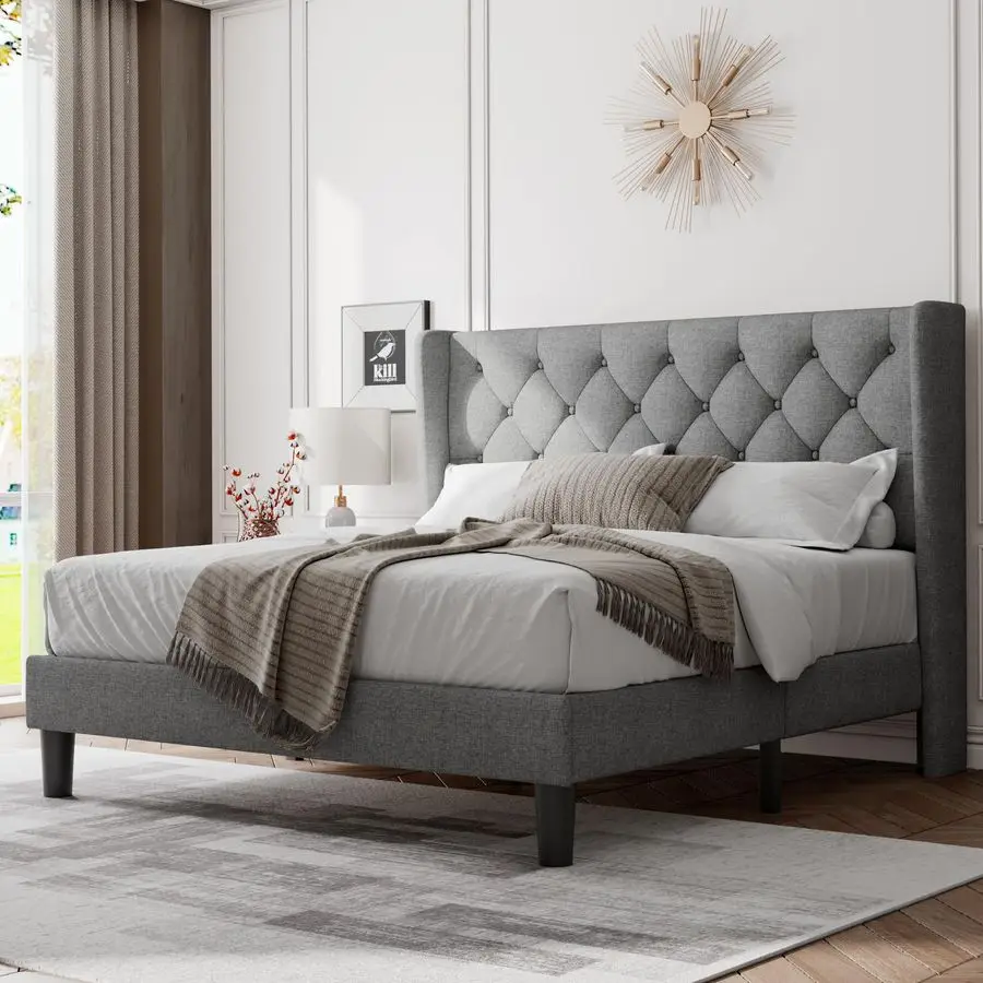 

Queen Bed Frame with Upholstered Wingback Headboard, Platform Bed and Heavy Duty Wooden Slats Support, Easy Assembly, NoiseFree,
