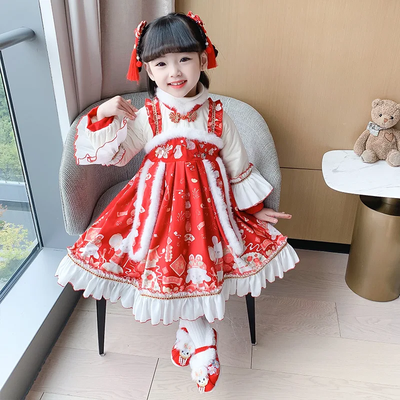 

Han Style Girls' Winter Velvet Thickened Children's Antique Super Fairy Tang Style Dress 2022 New Style Children's New Year Clot