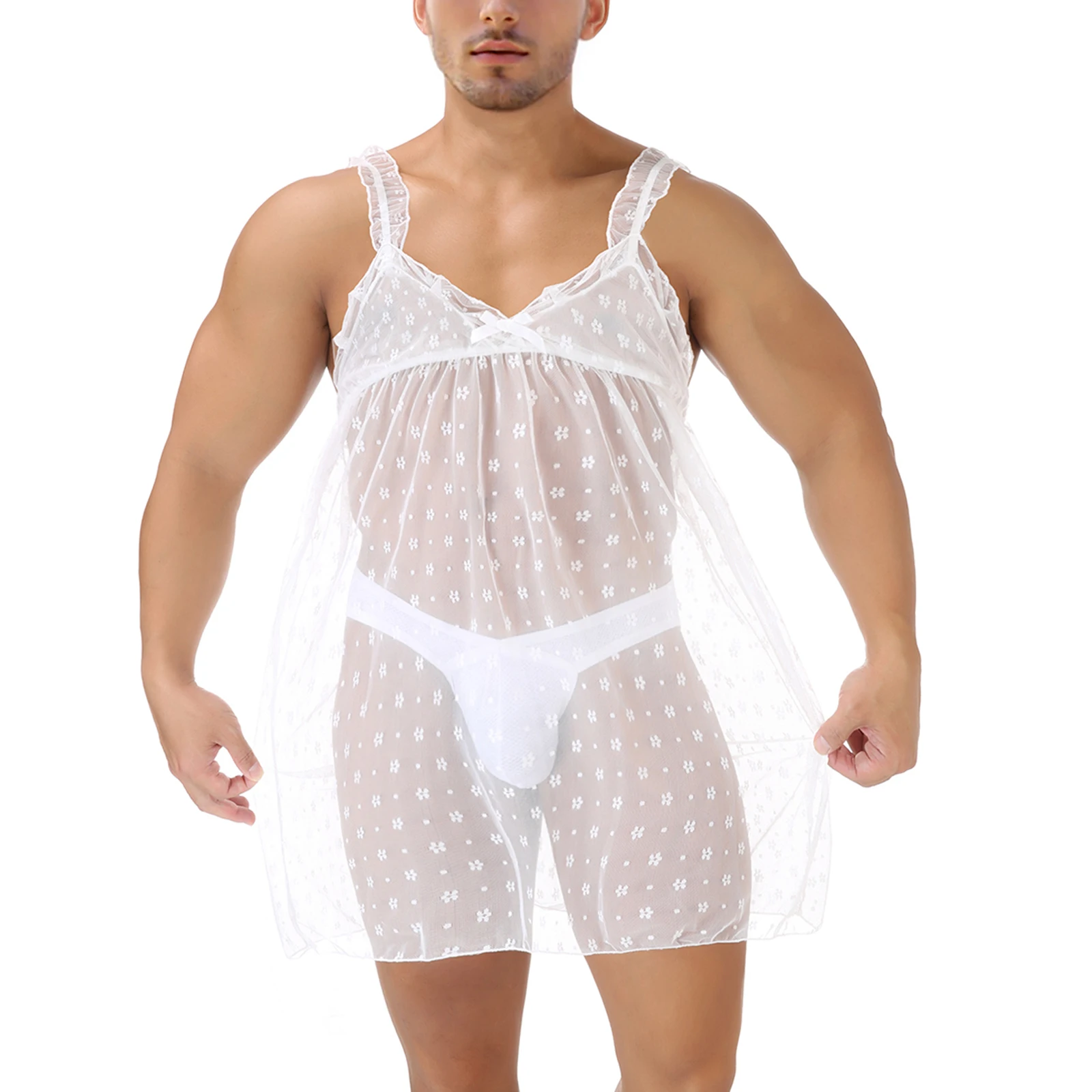 

Erotic Costume Nightdress Unisex Temptation Sexy Lace Slip Dress Transparent Man Sissy Crossdresser Nightwear Mini Sundress