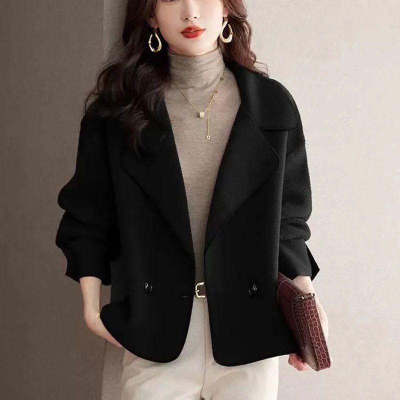 

Women's Short Loose Wool Coat Casual Elegant Blazer Lapel Jacket Long Sleeve Tops Luxury Casual Woolen Outwear Y2K Spring/Autumn
