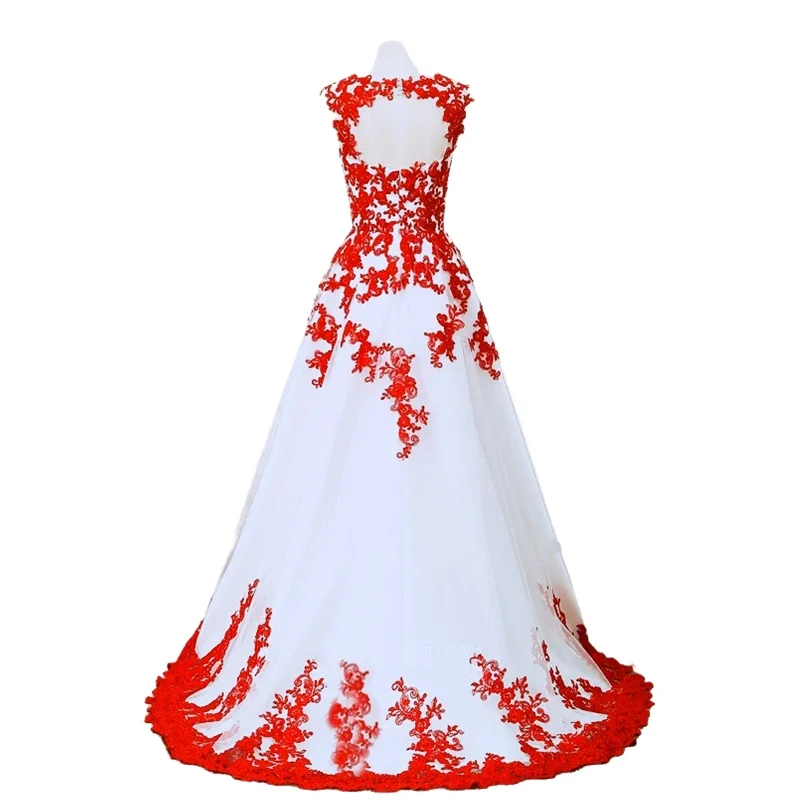 Vintage White And Red Wedding Dress Lace Applique Sleeveless Long  A Line Bridal Gowns V-neck Open Back Gothic Black Vestido